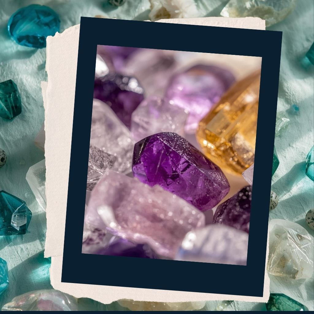 Close-up of astrologer energized crystals with a framed photo in the center.