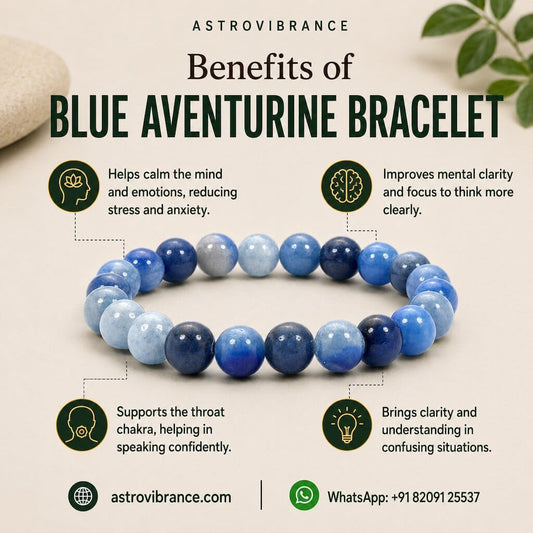 Blue aventurine bracelet with benefits listed on a beige background