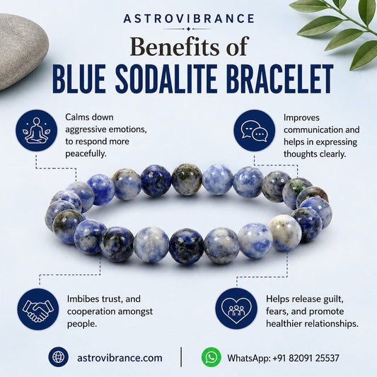 Blue sodalite bracelet with benefits listed on a light blue background