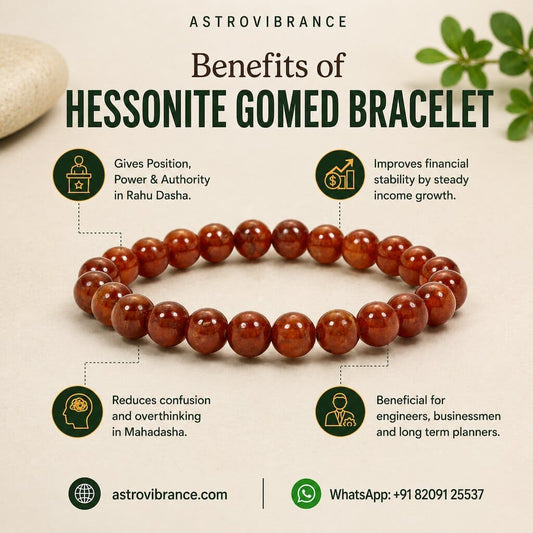 Hessonite Gomed bracelet with benefits listed on a beige background