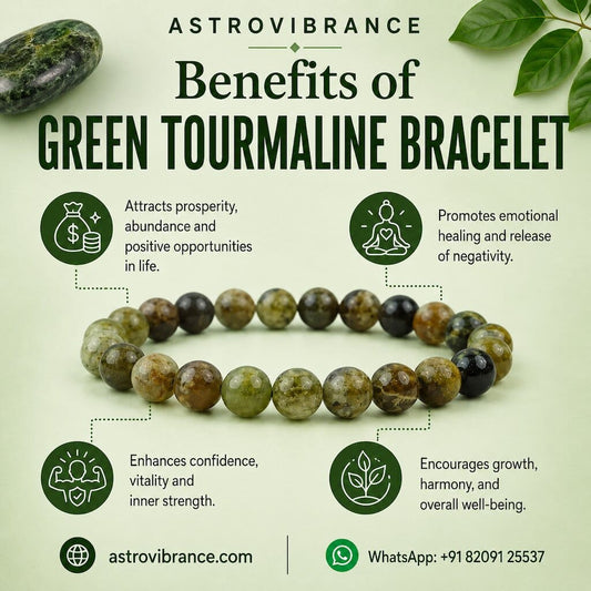Green tourmaline bracelet with benefits listed on a light green background
