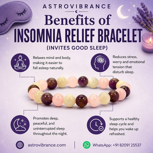 Astrovibrance insomnia relief bracelet with benefits listed on a purple background