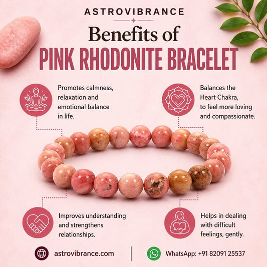 Pink rhodonite bracelet with benefits on a pink background, featuring Astrovibrance branding.