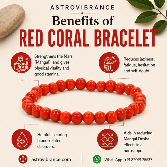 Red coral bracelet with benefits listed on a beige background
