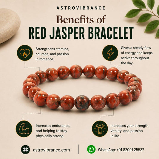 Red jasper bracelet with benefits listed on a beige background