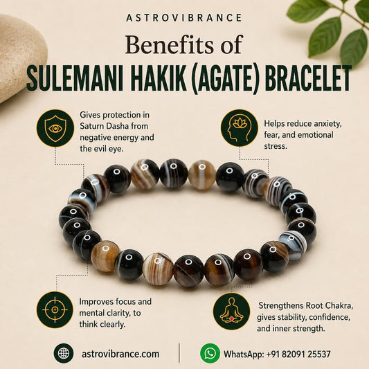 Sulemani Hakik Agate bracelet with benefits listed on a beige background