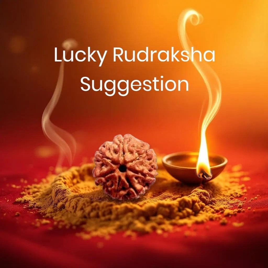 Rudraksha bead with smoke and a lit lamp on a red background, labeled 'Lucky Rudraksha Suggestion'.