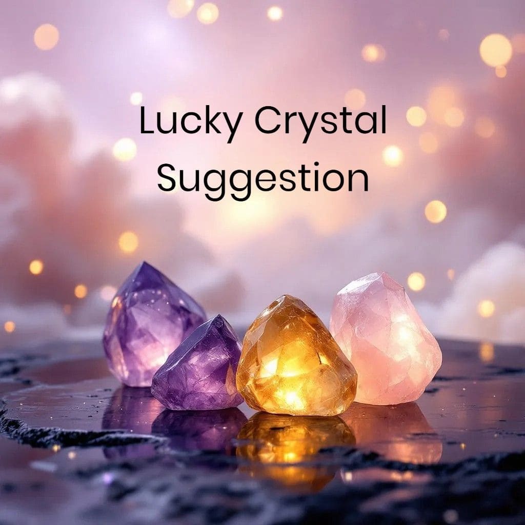 Three colorful crystals on a reflective surface titled lucky crystal suggestion.