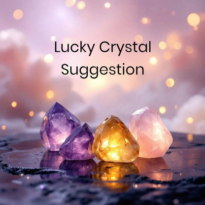 Three colorful crystals on a reflective surface titled lucky crystal suggestion.