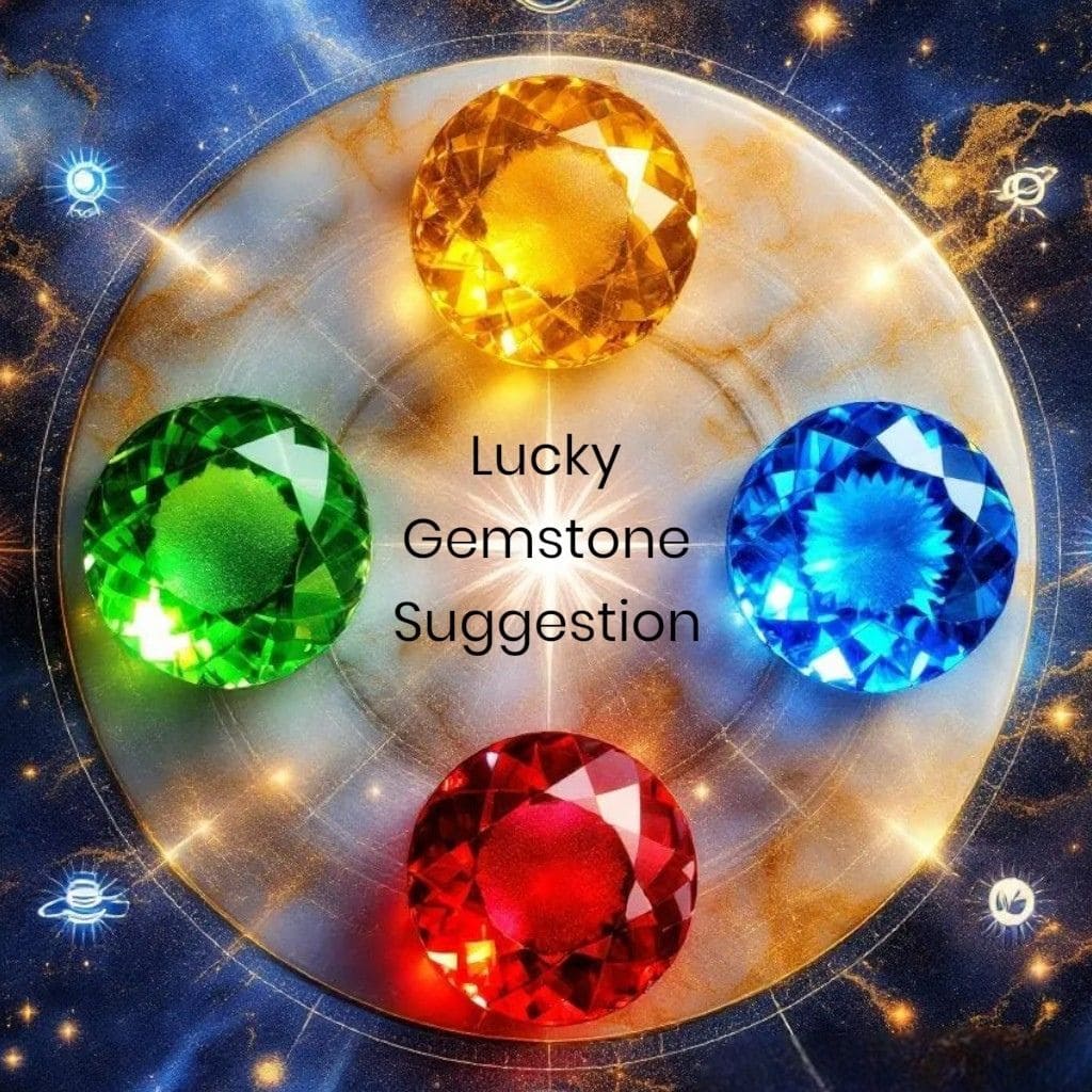 Four colorful gemstones on a celestial background with text 'Lucky Gemstone Suggestion'.