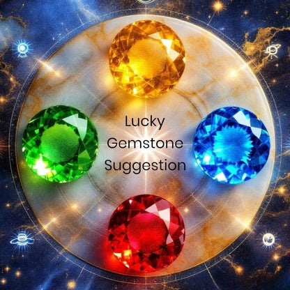 Four colorful gemstones on a celestial background with text 'Lucky Gemstone Suggestion'.