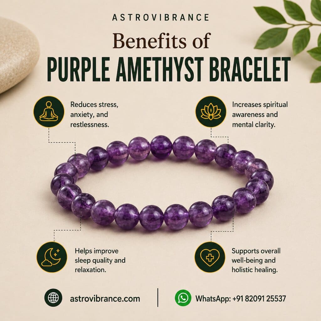 Purple amethyst bracelet with benefits listed on a beige background