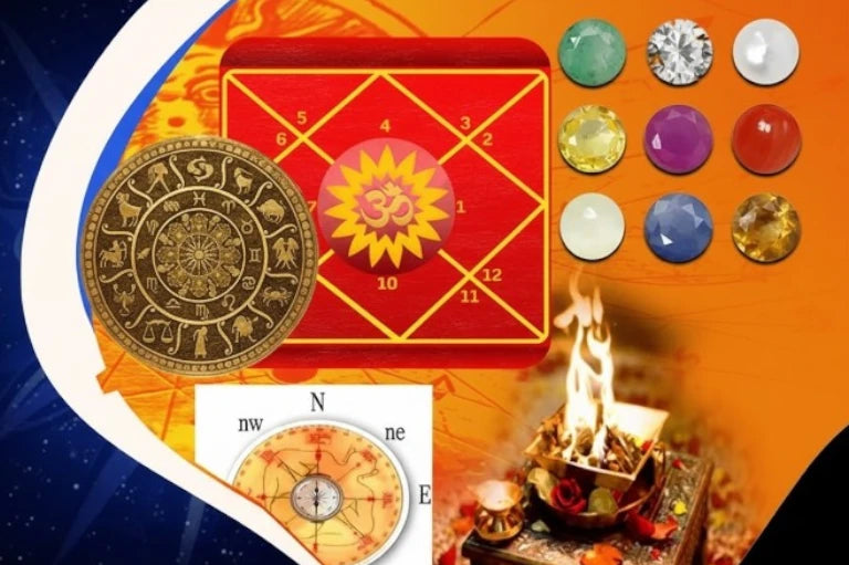 Collage of astrological symbols, gemstones, and a fire altar on a colorful background depicting astrology services.