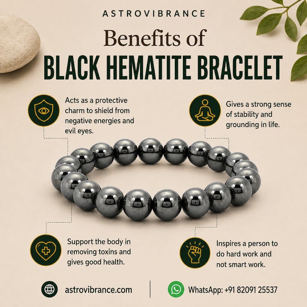 Black hematite bracelet with benefits listed on a beige background