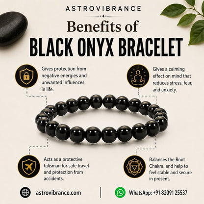 Black onyx bracelet with benefits listed on a beige background