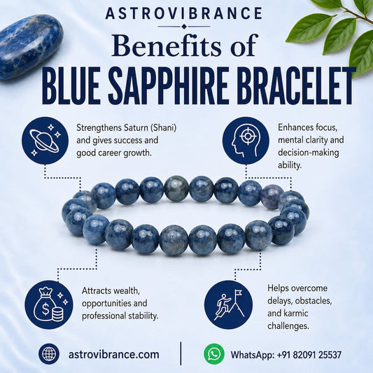 Blue sapphire bracelet with benefits listed on a light blue background