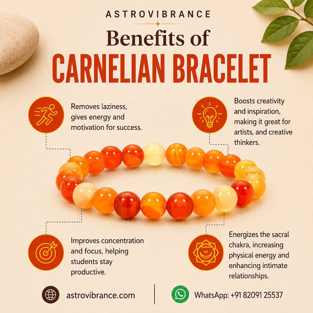 Carnelian bracelet with benefits listed on a beige background