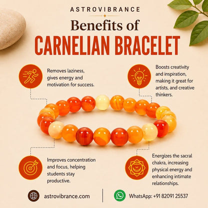 Carnelian bracelet with benefits listed on a beige background