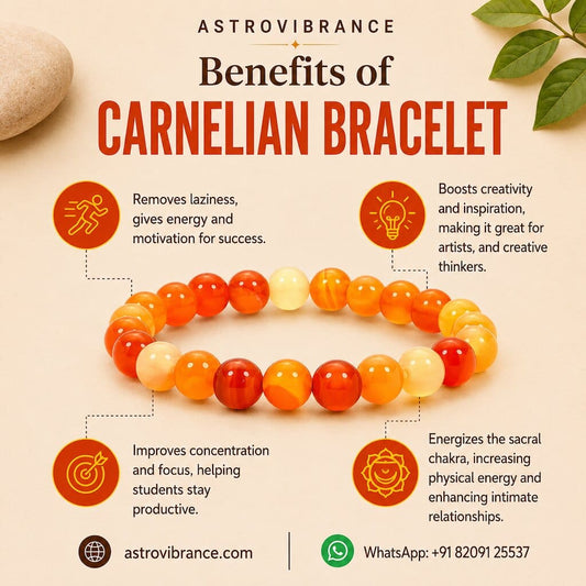Carnelian bracelet with benefits listed on a beige background