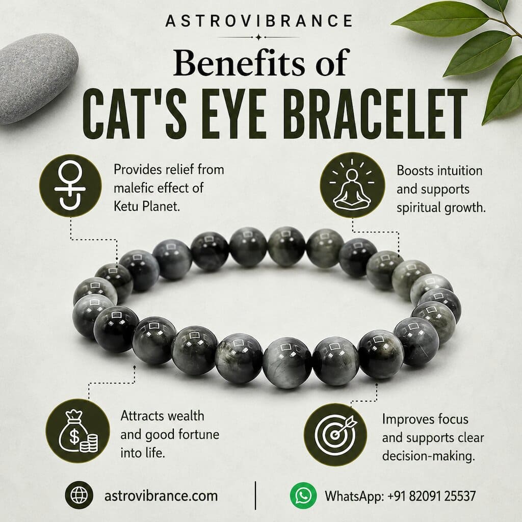 Cat's eye bracelet with benefits listed on a white background