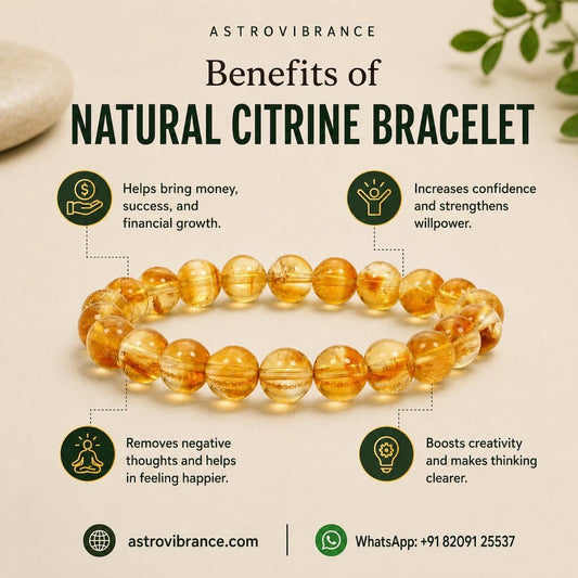 Natural Citrine Bracelet with benefits listed on a beige background