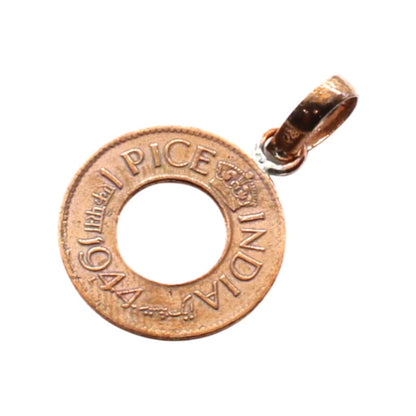 A copper pendant shaped like an Indian penny on a white background