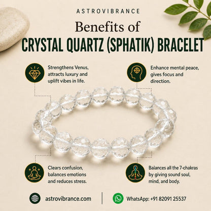 Crystal quartz bracelet with benefits listed on a beige background
