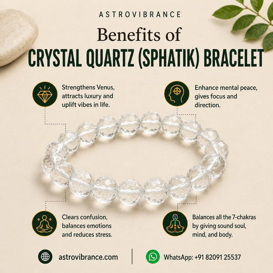 Crystal quartz bracelet with benefits listed on a beige background