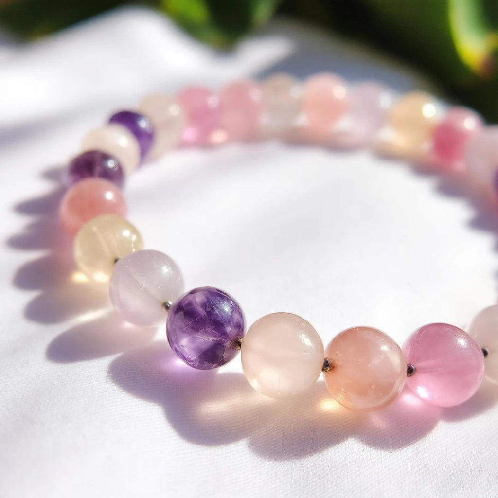 Multicolored crystal bracelets on a white surface with greenery in the background