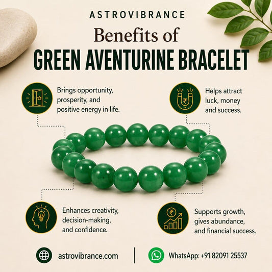 Green aventurine bracelet with benefits listed on a beige background