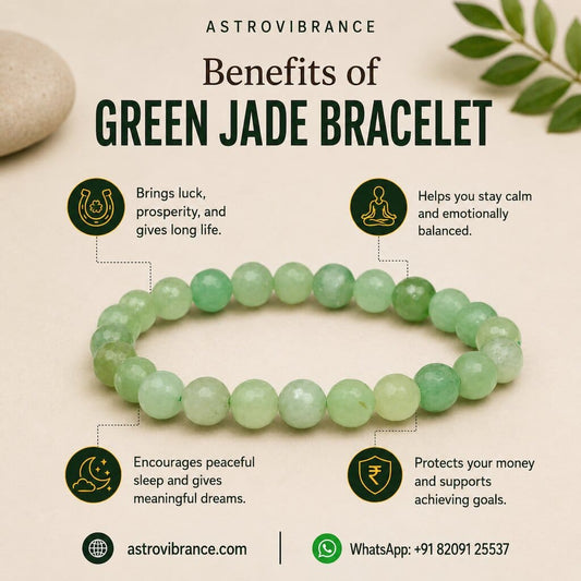 Green jade bracelet with benefits listed on a beige background