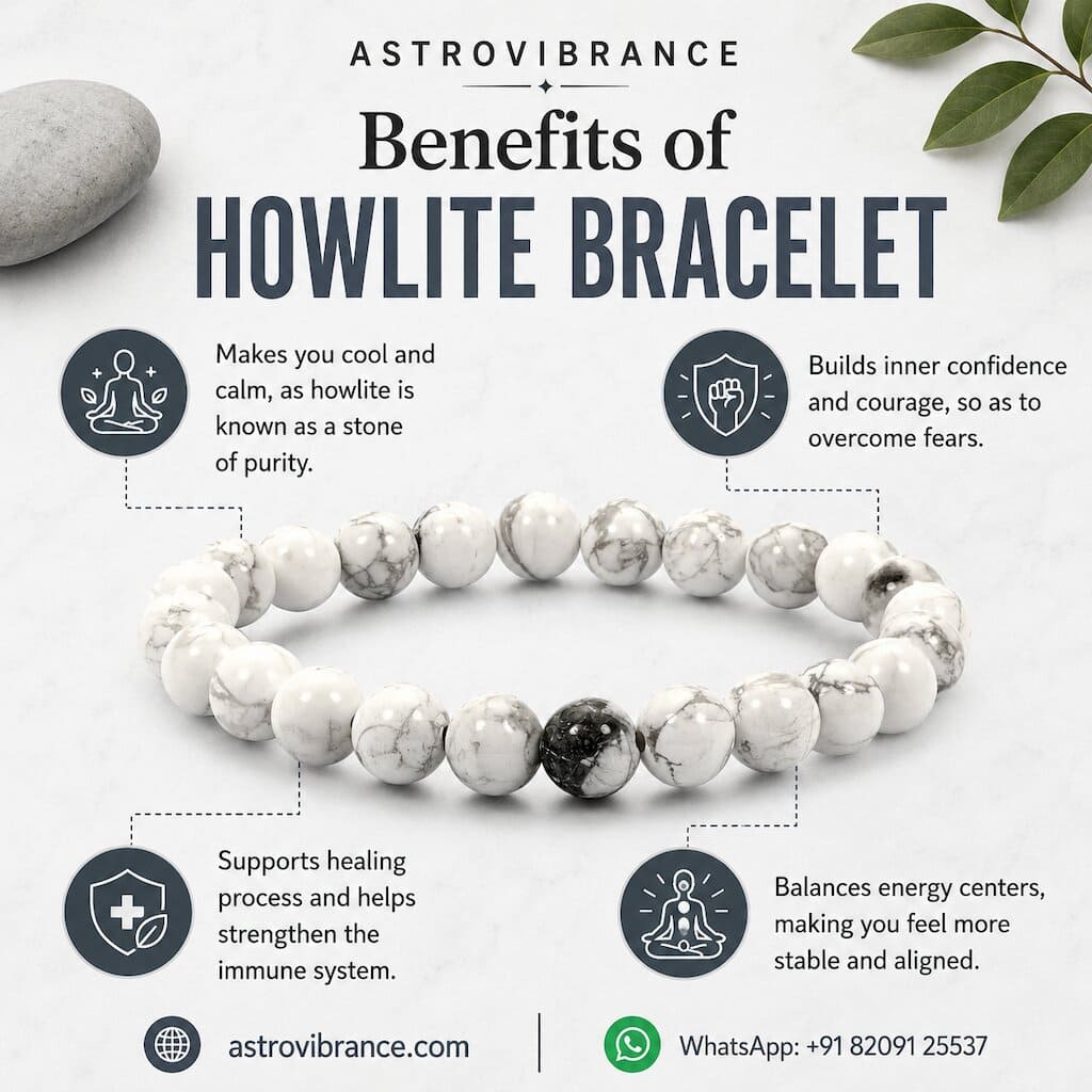 Howlite bracelet with benefits listed on a white background