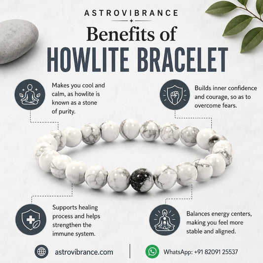 Howlite bracelet with benefits listed on a white background