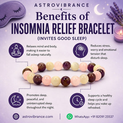 Astrovibrance insomnia relief bracelet with benefits listed on a purple background