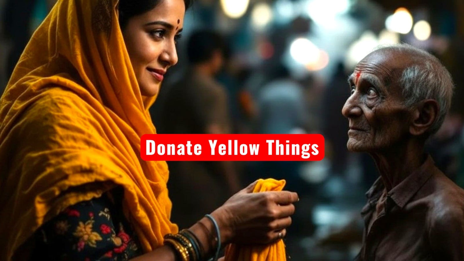 Woman donating yellow cloth to an elderly man with a 'Donate Yellow Things' text overlay.