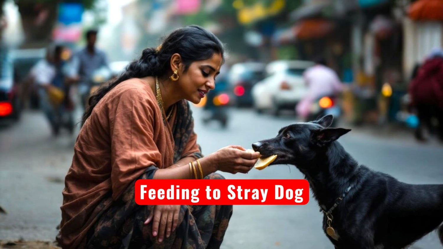 Woman feeding a stray dog on a busy street as ketu remedy.