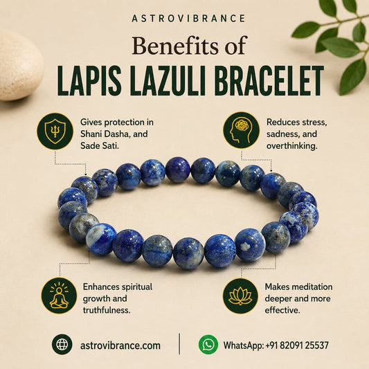 Lapis Lazuli bracelet with benefits listed on a beige background