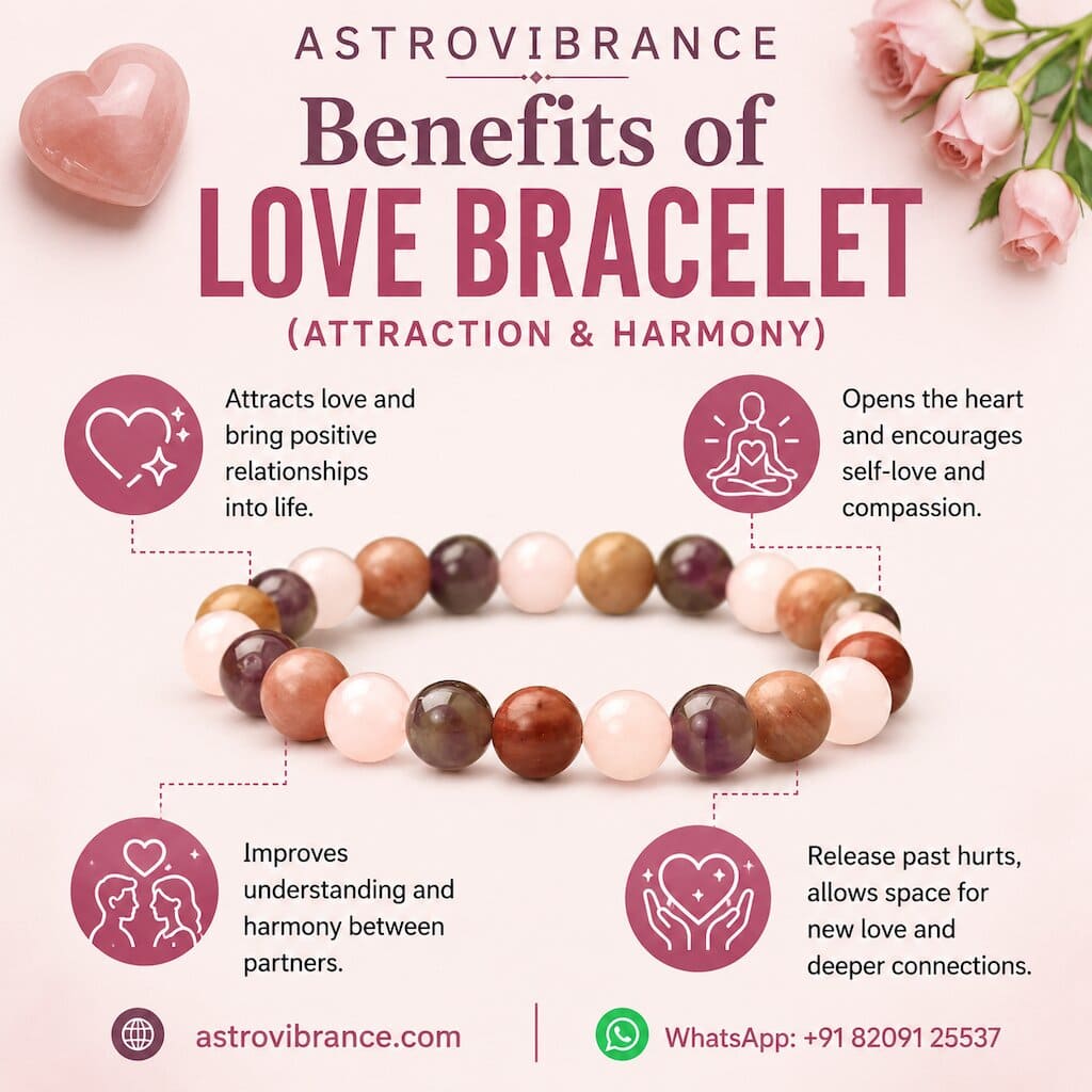 AstroVibrance's love bracelet with benefits listed and a bracelet displayed.