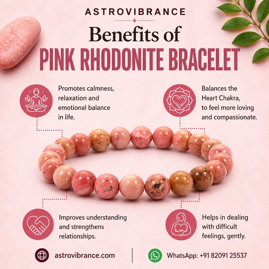 Pink rhodonite bracelet with benefits on a pink background, featuring Astrovibrance branding.