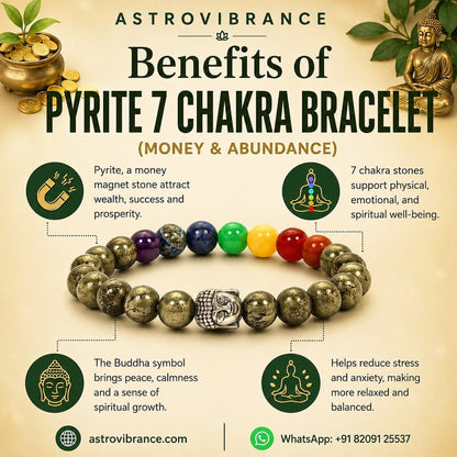 Pyrite 7-chakra bracelet with benefits and astrovibrance branding