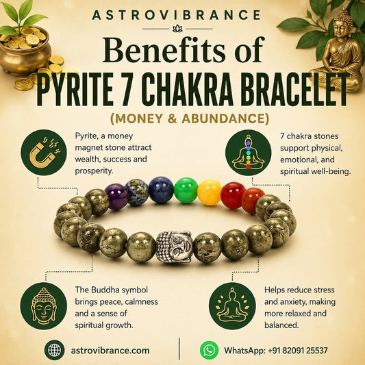 Pyrite 7-chakra bracelet with benefits and astrovibrance branding