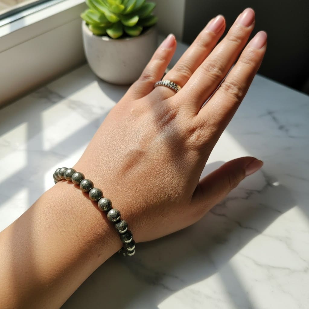 Hand wearing a pyriye beaded bracelet with a ring, on a marble surface with a plant in the background