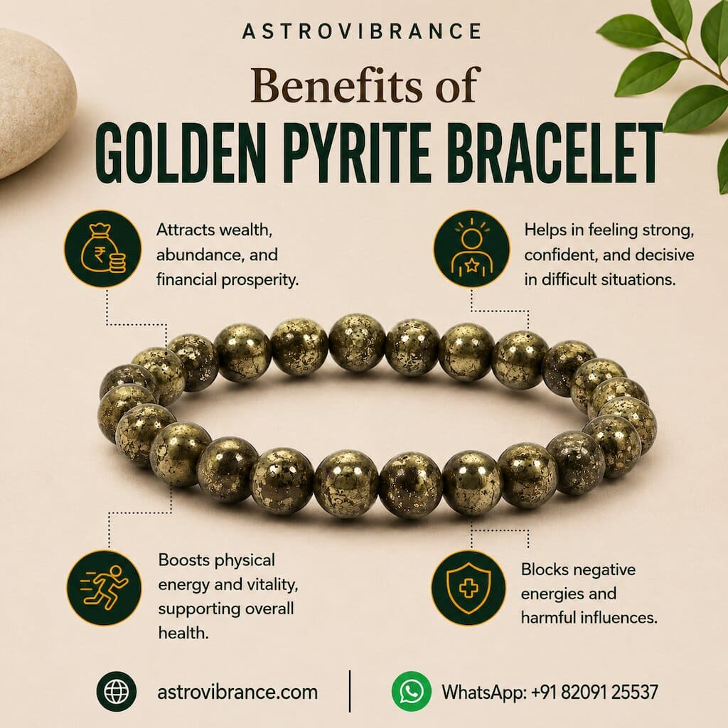 Golden pyrite bracelet with benefits listed on a beige background