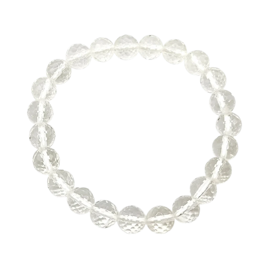 Clear Quartz bracelet diamond cut on a white background