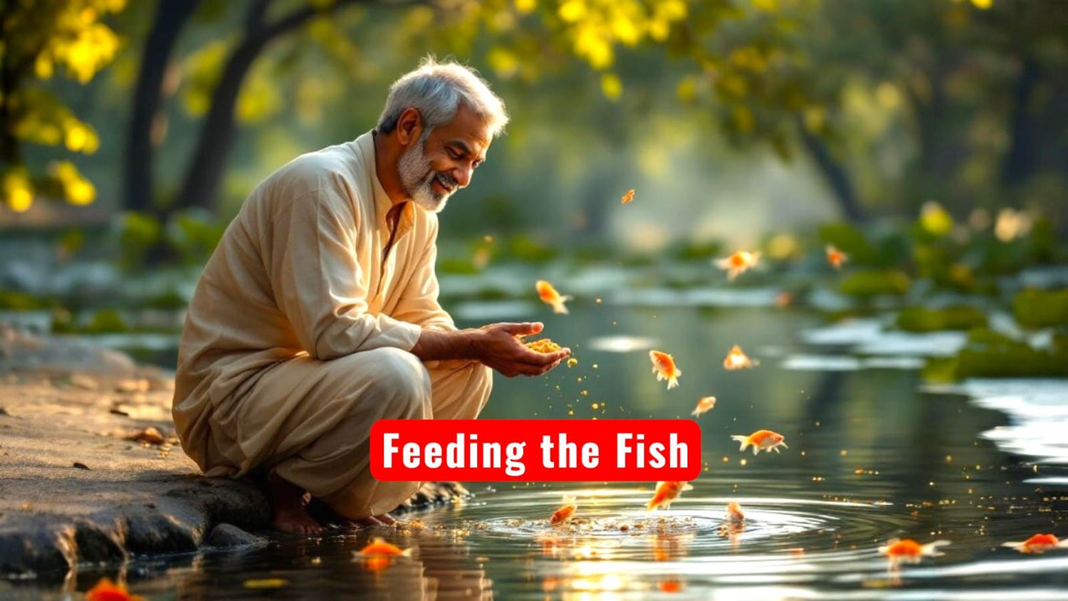 Man feeding fish by a pond with a serene background signifying rahu remedies.