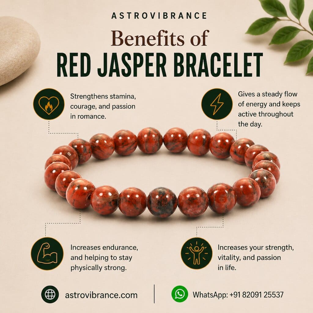 Red jasper bracelet with benefits listed on a beige background