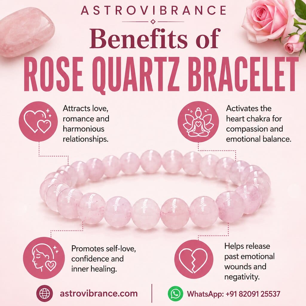 Rose Quartz bracelet with benefits listed on a pink background
