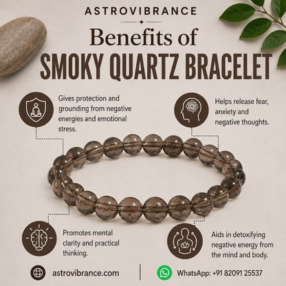 Infographic about the benefits of a smoky quartz bracelet from Astrovibrance.