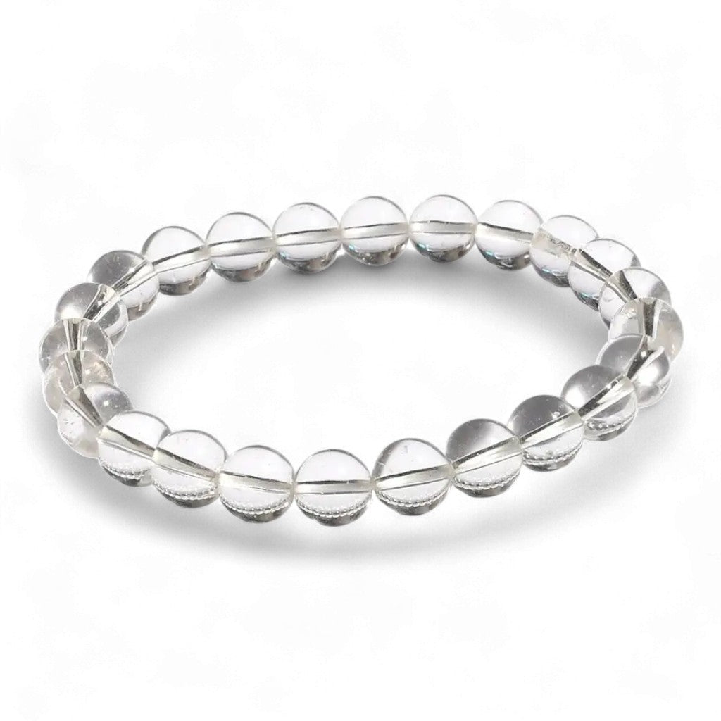 Clear sphatik quartz bracelet on a white background