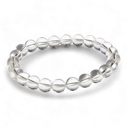 Clear sphatik quartz bracelet on a white background